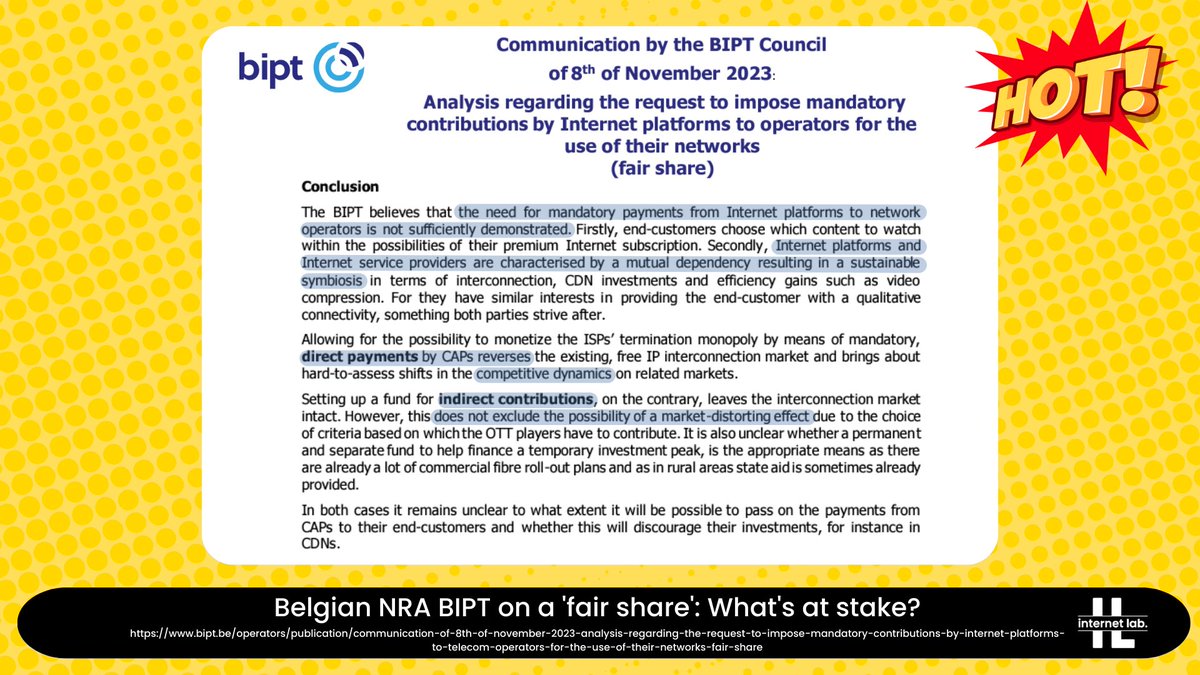 🔥 Following a consultation, Belgian NRA @BIPT_IBPT (celebrating its 30th anniversary today 🎂) finds that it's initial conclusion on the #FairShare debate stands: the need for #NetworkFees 'is not sufficiently demonstrated'

🔗 bipt.be/operators/publ…

#NetNeutrality