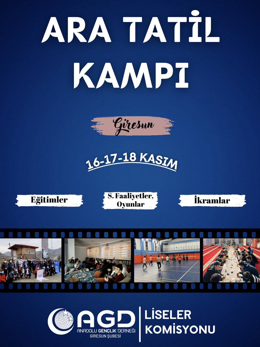 ~ARA TATİL KAMPI~

🗓️ 16-17-18 Kasım

• Eğitimler
• Sosyal Faaliyetler
• Oyunlar
• ikramlar