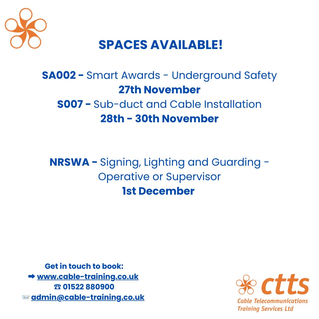 Ctts_training's tweet image. 🚨 Spaces available to book 👷‍♂️

Get in touch today! 📨☎

If the course you need isn't listed, get in touch to see what we can offer!

➡ cable-training.co.uk

☎ 01522 880900

📨 admin@cable-training.co.uk

#telecomstraining #CTTS #smartawards #nrswa #streetworks #telecoms