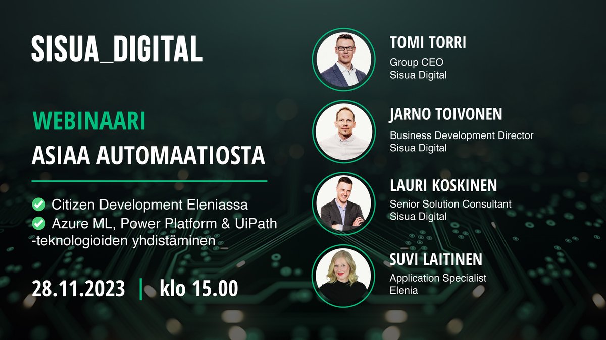 #PowerPlatform, #AzureML, #UiPath - kuinka yhdistää nämä teknologiat? Näytämme sen livenä webinaarissamme 28.11.2023 klo 15:00.

Myös asiakkaamme Elenia jakaa kokemuksia kansalaiskehittämisestä sekä käytännön oppeja ja parhaita käytäntöjä! 

Lue lisää: events.teams.microsoft.com/event/0afb78aa…