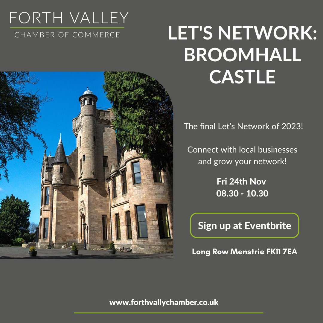 Forthvalleych's tweet photo. Join us for our final Let’s Network of 2023, kindly hosted by new member Broomhall Castle! Expand your business connections &amp; create lasting relationships that can help your business prosper!

Sign up: https://t.co/UxUYKjfPKW

#ForthValleyChamber #GetConnected #StayConnected https://t.co/CUquGPRIyJ