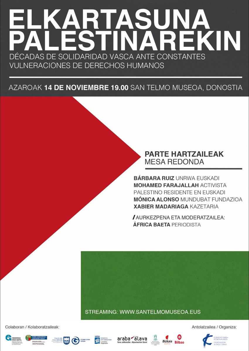 👥 Gaur, gogoeta egiteko eta Palestinari gure elkartasuna adierazteko aukera paregabea dugu. 🇵🇸Mesa redonda para conocer la última hora de Palestina y conoer el trabajo de las ONGD. 📆Azaroak 14 noviembre 🕗19.00 📍 @santelmomuseoa , Donostia + streaming: youtube.com/watch?v=FnenaY…