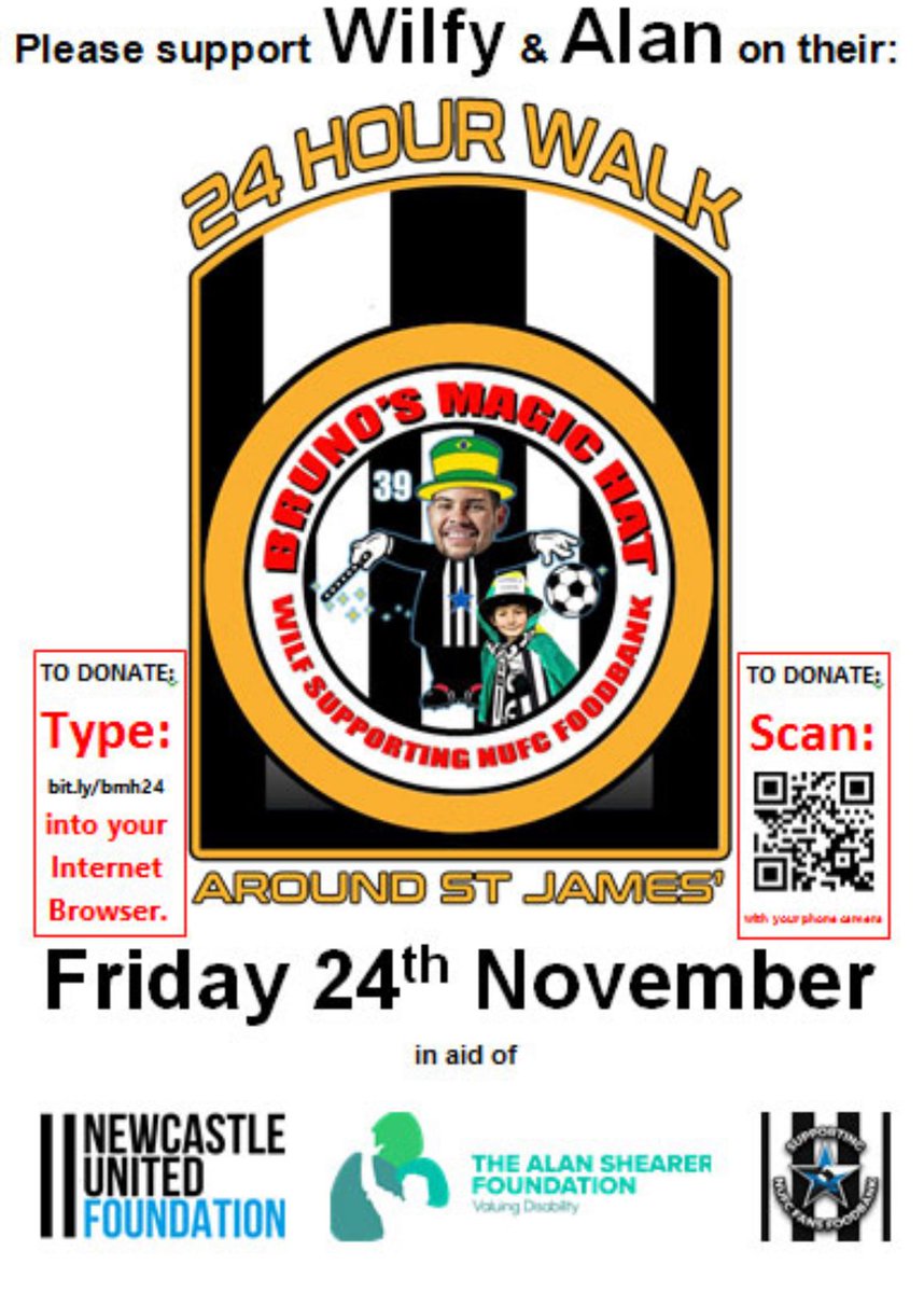 We would like to wish Wilfy and Alan all the best for their 24 hour walk around #StJamespark on 24th November. & thank you for your support and fundraising for us. Good luck! To support Wilfy & Alan use the QR code in the post or type bit.ly/bmh24 #nufc