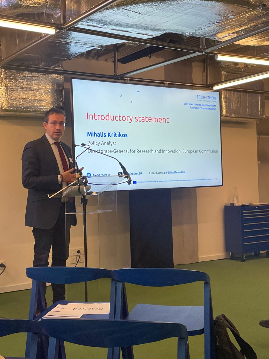 GeorgiaCurea's tweet photo. At the @TechEthosEU event on #EthicalTransition, Mihalis Kritikos #DGRTD highlights that beyond the academic beauty, the work of researchers must support &amp; inform the policy work to make a real difference in the digital &amp; green transition https://t.co/9F66qabHgC