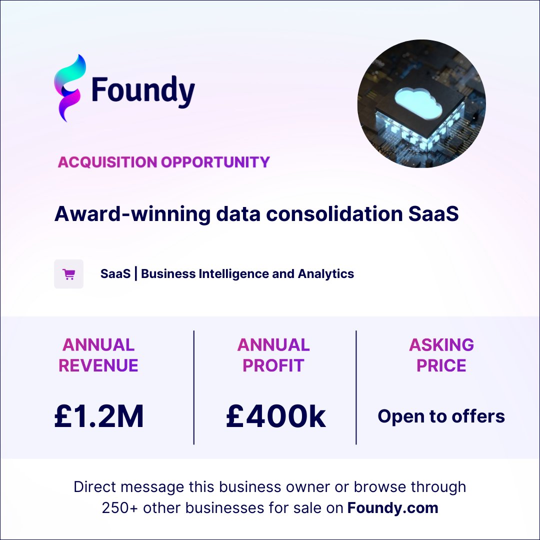 foundyglobal's tweet photo. 👀 Acquisition opportunity - Data consolidation SaaS platform

Learn more about this business 👉 https://t.co/sKswMlN4o1

#businessopportunity #acquisition #saas https://t.co/oKk9y45rVs
