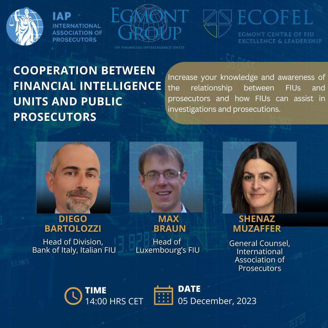 Please join us for the webinar: Cooperation between Financial Intelligence Units and Public Prosecutors

Monday 04 December 2023, 14:00 hrs CET - REGISTER HERE: lnkd.in/e_k28qgQ