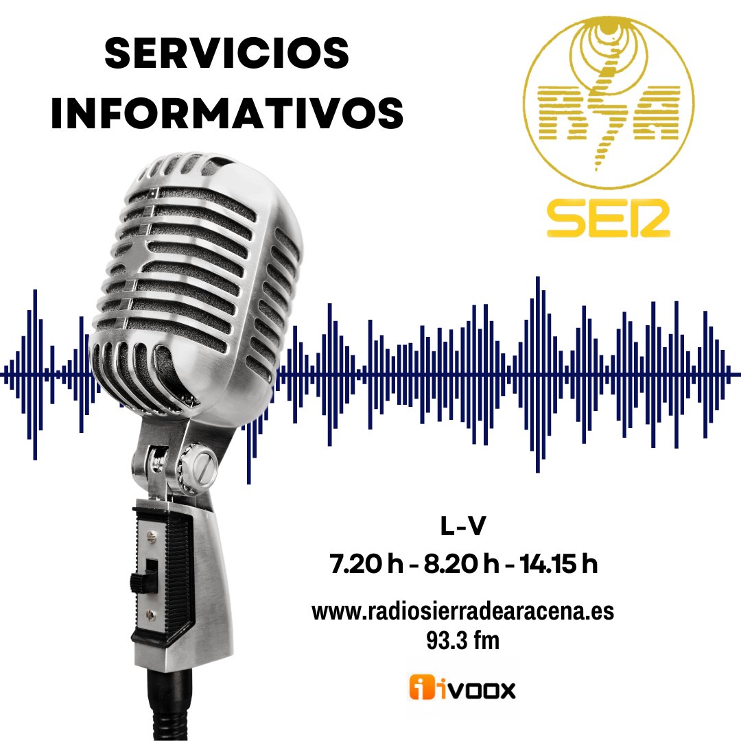 RSAracena's tweet photo. RECUERDA ! Te ofrecdemos toda la #actualidad de la #zonanorte de #Huelva en nuestros #informativos diarios ⤵

⏰ 7.20 - 8.20 - 14.15 h

📻 93.3 fm #SER
🎧 #web + #app + #radioalacarta #Ivoxx #googlepodcast #spotify https://t.co/A8NXuihmYH