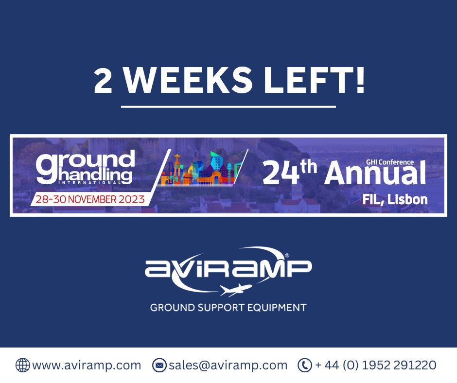 2 weeks left! We are very excited! 🎊

Find us on stand E23 for a chat with one of our Aviramp representatives!
You can also book a meeting with us through the GHI Conference portal to talk to us about your airport's/airline's needs.

#aviramp #gse #prm #GHIconference #Lisbon