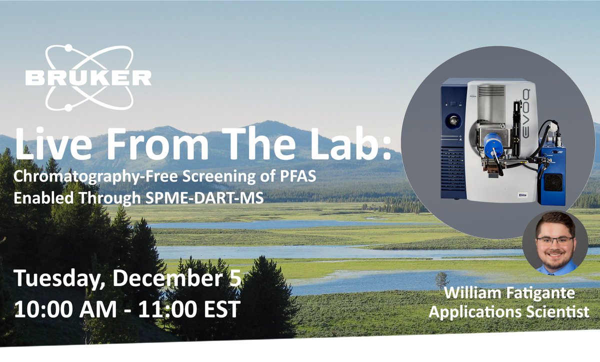 Live from the Bruker Lab! Register today and join our Application Scientist, William Fatigante to discuss Chromatography-Free Screening of PFAS Enabled Through SPME-DART-MS. Learn how to tackle the PFAS problem with a #Chromatographyfree workflow. goto.bruker.com/3ubM4e1