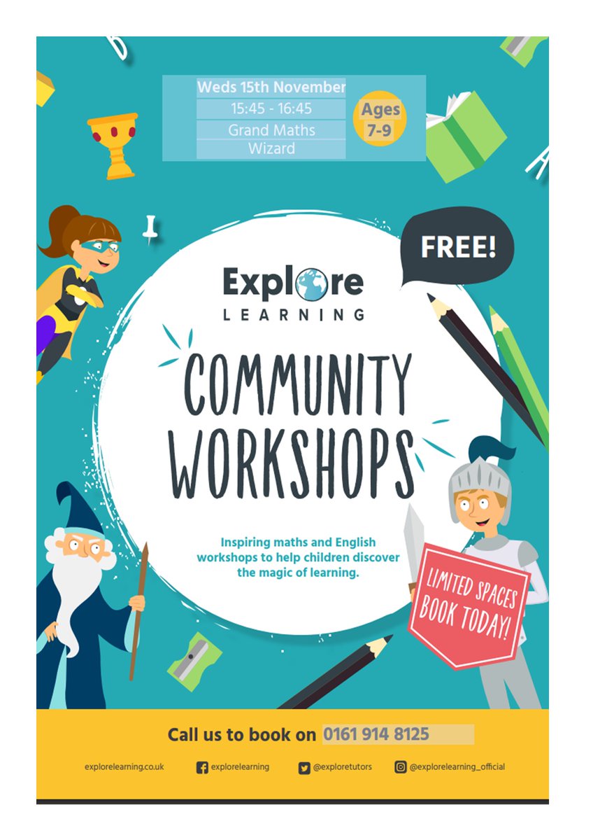 TraffLibraries's tweet image. ⭐Come along to the FREE community workshop “Grand Maths Wizzard&quot; at Sale Library, run by Explore Learning. ⭐FREE - just come along. Ages 7-9.
📍Sale Library
📅 Wednesday 15th November.
⏲ 3:45 - 4:45 pm
#explorelearning