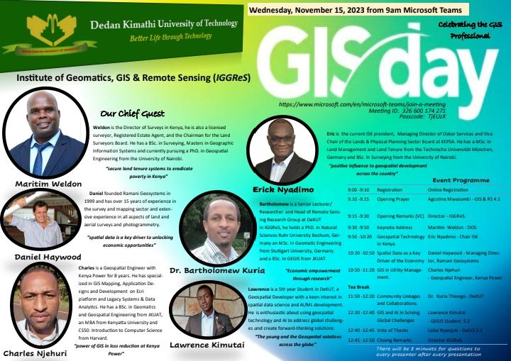 DeKUT will join the rest of the world in marking and celebrating the Annual World's GIS Day tomorrow, 15th November 2023, at the University grounds.

 #GISDay #Geospatial #GISCommunity #GISTechnology #GISMapping #Mapping