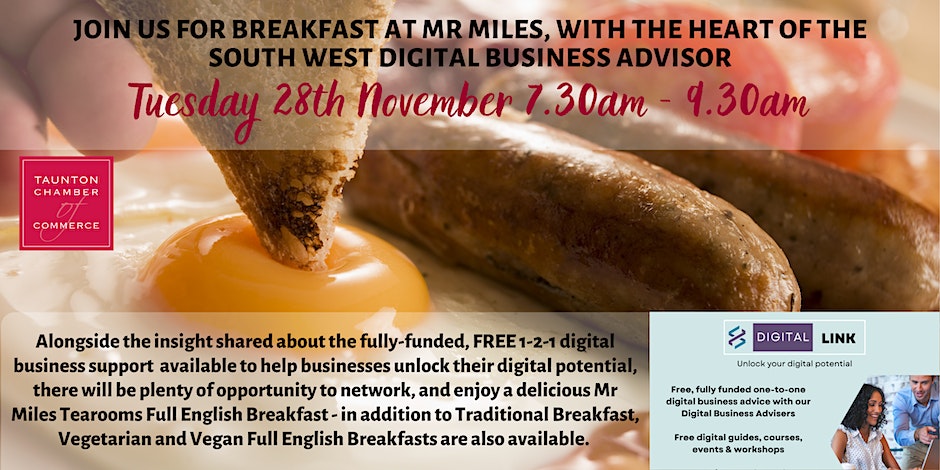 Meet our Digital Business Adviser, Peter Doyle, at Tech Brek on Tuesday 28th November. Tech Brek is Taunton Chamber of Commerce's regular breakfast session. 
Get tickets here: eventbrite.co.uk/e/tech-brek-ex…

#TechBrek #TauntonCoC #TauntonBiz