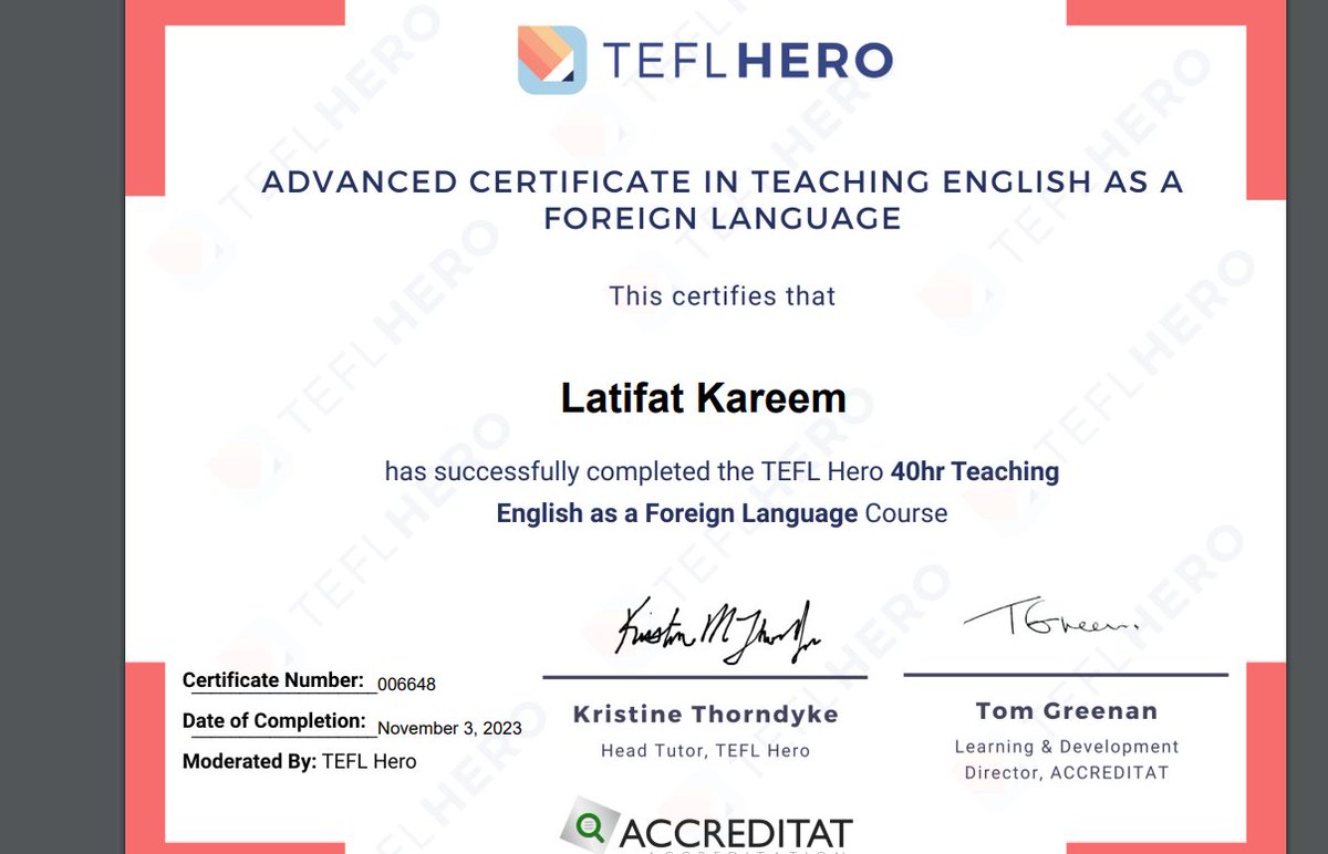 latifahwasabi08's tweet image. Excited to share that I&apos;ve just earned my 40hr TEFL certificate from TEFL HERO! 🌟 Grateful for the comprehensive training and valuable insights gained. Ready to embark on a journey of teaching and exploring new horizons! #TEFLHero #TeachingAdventure #CertifiedTeacher