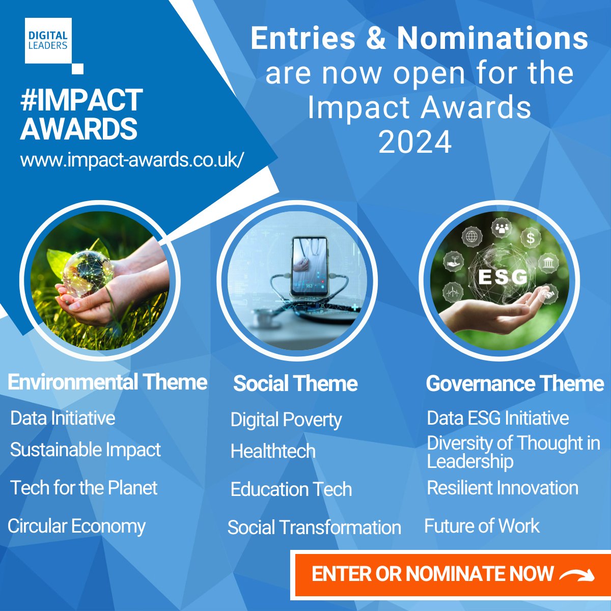 Nominations &amp; entries are now open for the #ImpactAwards 2024! They celebrate the digital tech innovations that improve people’s lives &amp; the world around us. There are 12 categories, organised into 3 themes Environmental, Social &amp; Governance: 👉🏼 impact-awards.co.uk