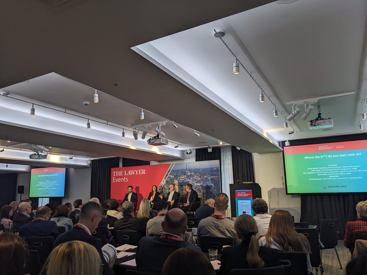 The Lawyer Events (@thelawyerevents) on Twitter photo Our panel discussion titled 'Where the h**l do you start with AI' is beginning, featuring a panel of Sarah Bailey Lissamore of <a href="/Zurich/">Zurich Insurance</a>, Jeff Langlands of <a href="/bt_uk/">BT</a>, Dom Conte of Avail and moderated by Phil Westwood of <a href="/GowlingWLG_UK/">Gowling WLG UK</a>. Our panel discussion titled 'Where the h**l do you start with AI' is beginning, featuring a panel of Sarah Bailey Lissamore of <a href="/Zurich/">Zurich Insurance</a>, Jeff Langlands of <a href="/bt_uk/">BT</a>, Dom Conte of Avail and moderated by Phil Westwood of <a href="/GowlingWLG_UK/">Gowling WLG UK</a>.