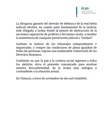 ICAV_abogacia's tweet image. 📣 Comunicado institucional de la Junta de Gobierno del Ilustre Colegio de Abogados de Valencia ✅ aprobado el 𝟏𝟑 𝐝𝐞 𝐧𝐨𝐯𝐢𝐞𝐦𝐛𝐫𝐞 𝐝𝐞 𝟐𝟎𝟐𝟑