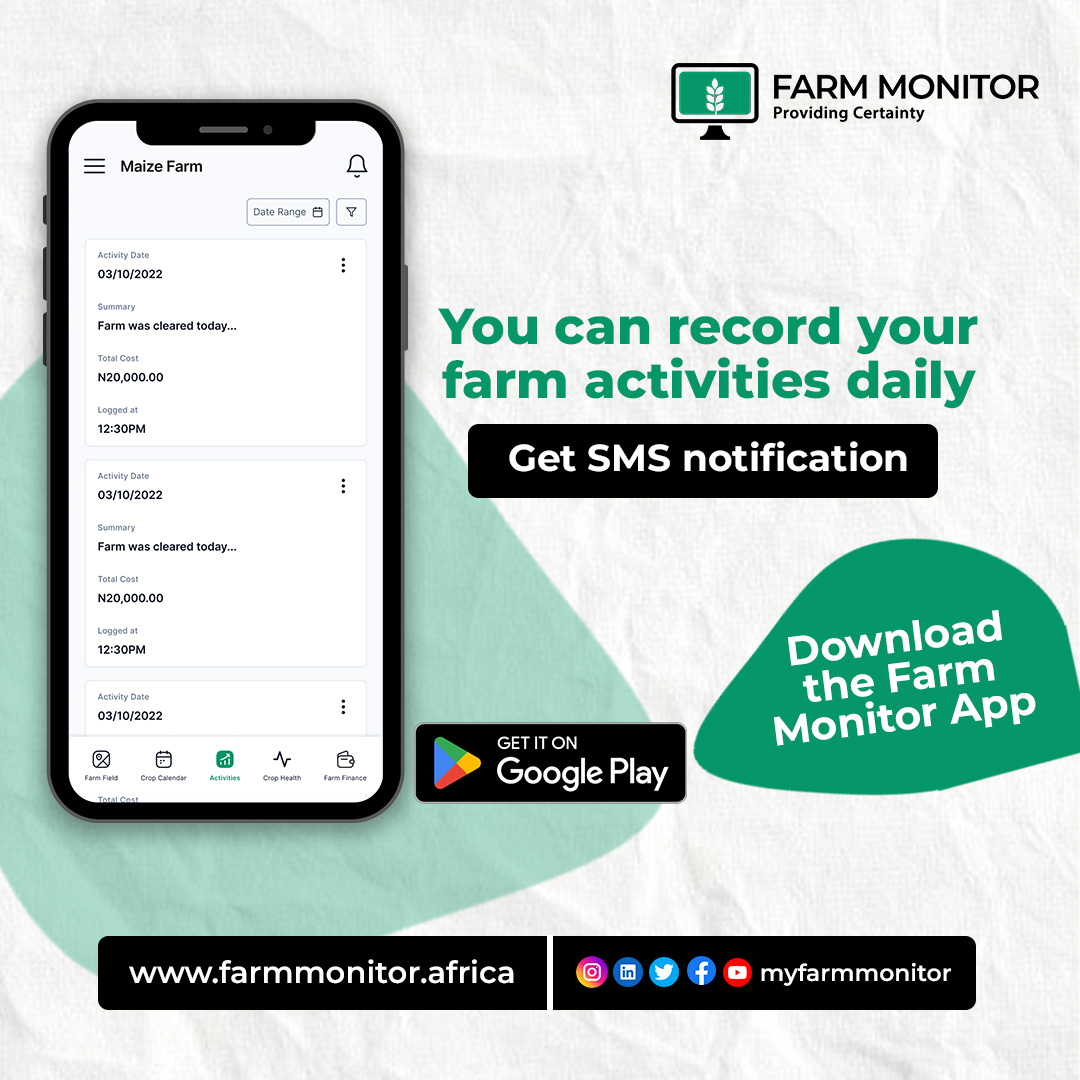 myfarmmonitor's tweet image. Record your daily farm activities with the Farm Monitor App. You also get daily SMS notifications on what activity to carry out. 

Download the app now: play.google.com/store/apps/det… 

#precisionagriculture #remotefarming #climatesmartfarming #app #farmmonitor