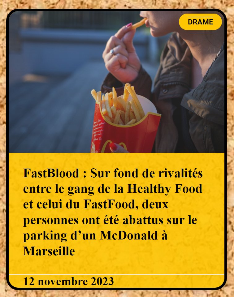 FastBlood : Sur fond de rivalités entre le gang de la Healthy Food et celui du #FastFood, deux personnes ont été abattus sur le parking d’un #McDonalds  à #Marseille

L'article sur bit.ly/3BpAdZO

#kalachnikov #violence #meurtre #marseilleengrand #macron #vendredilecture