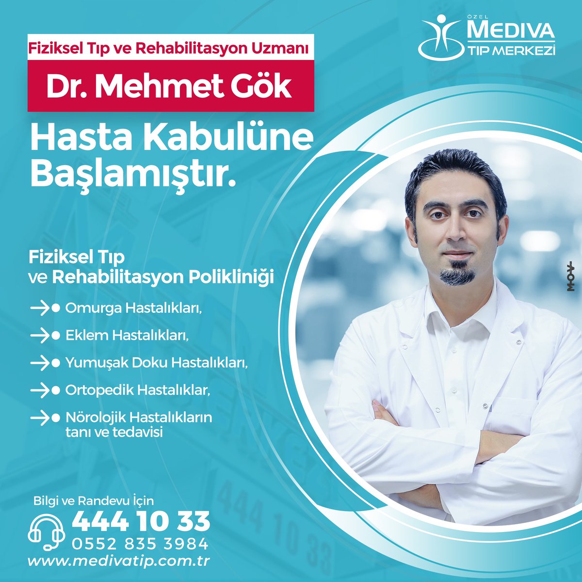 Fiziksel Tıp ve Rehabilitasyon Uzmanımız Dr. Mehmet Gök, hasta kabulüne başlamıştır.

#FizikTedaviveRehabilitasyon #KasSistemi #EklemAğrıları #İskeletSistemi #NörolojikRehabilitasyon  #OrtopedikRehabilitasyon  #PediatrikRehabilitasyon #Bingöl #MedivaTıpMerkezi