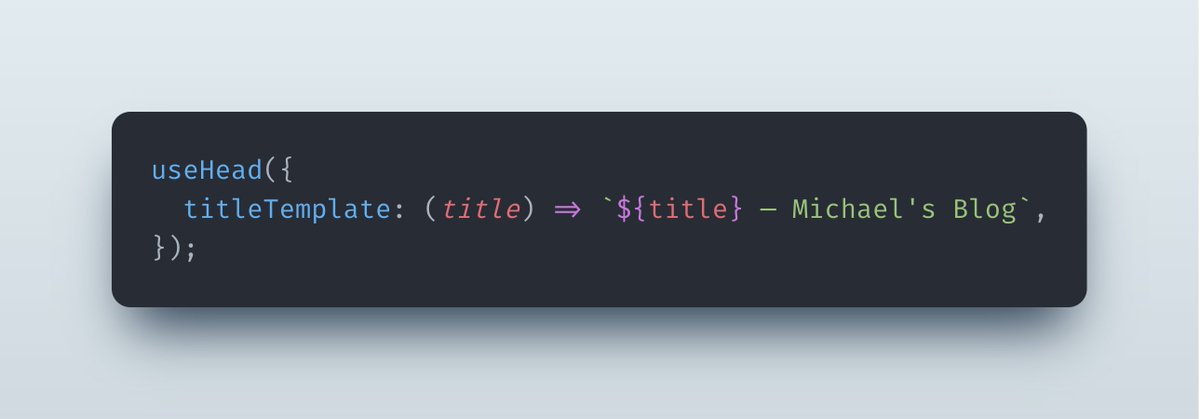 The `useHead` composable from VueUse (and included with Nuxt 3 by default) makes it really easy to manage page metadata like the `title` in your @vuejs app: