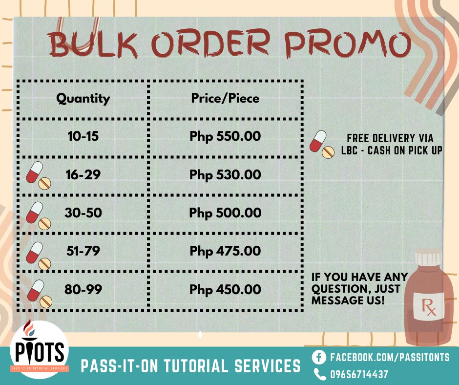 HELLO PHARMA PEOPLE MABUHAY ❤️

Sa ating mga 4th year students and mga  April BE 2024 TAKERS, avail na ng aming BULK ORDER SALE! 

 Para mas makamura sa PIOTS at mafree ang Shipping Fee, MAGSAMA SAMA NA! Lets Vault In Kumbaga! Tulungan tayo para makamit ang RPh na ninanais!