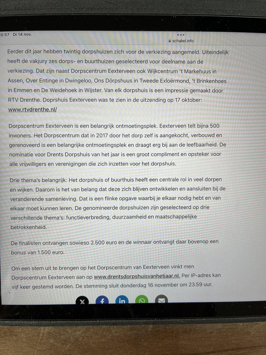 henkheijerman's tweet image. Help mee om het Dorpscentrum Eexterveen @aaenhunze komende zaterdag winnaar te laten worden van de finale “Dorpshuis van het jaar 2023”. 
Breng je stem uit voor vrijdag 17 november a.s. op: drentsdorpshuisvanhetjaar.nl
Per IP-adres kan 5 keer gestemd worden. 
Eexterveen verdient het