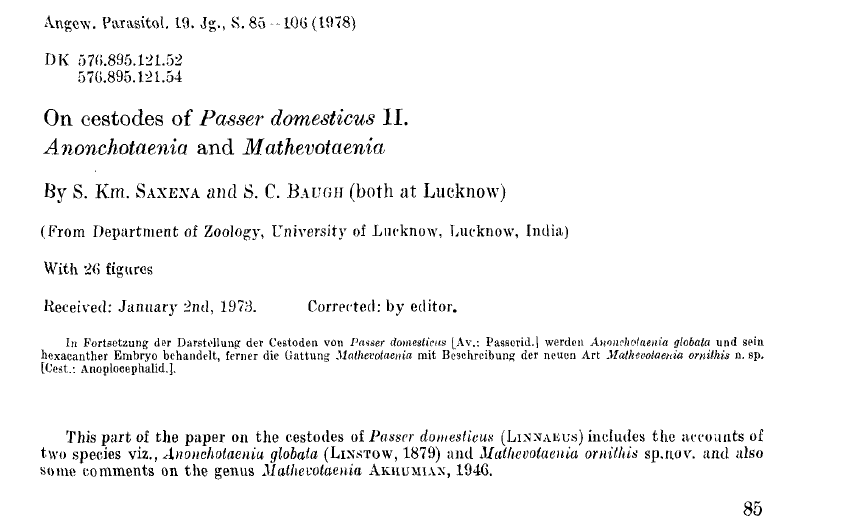 EurekaMag's tweet photo. On cestodes of Passer domesticus II. Anonchotaenia and Mathevotaenia 

Angewandte Parasitologie 19(2): 85-106
1978
ISSN/ISBN: 0003-3162 
PMID: 697119
https://t.co/jGatTQfYJr https://t.co/iMVXyhyVD5