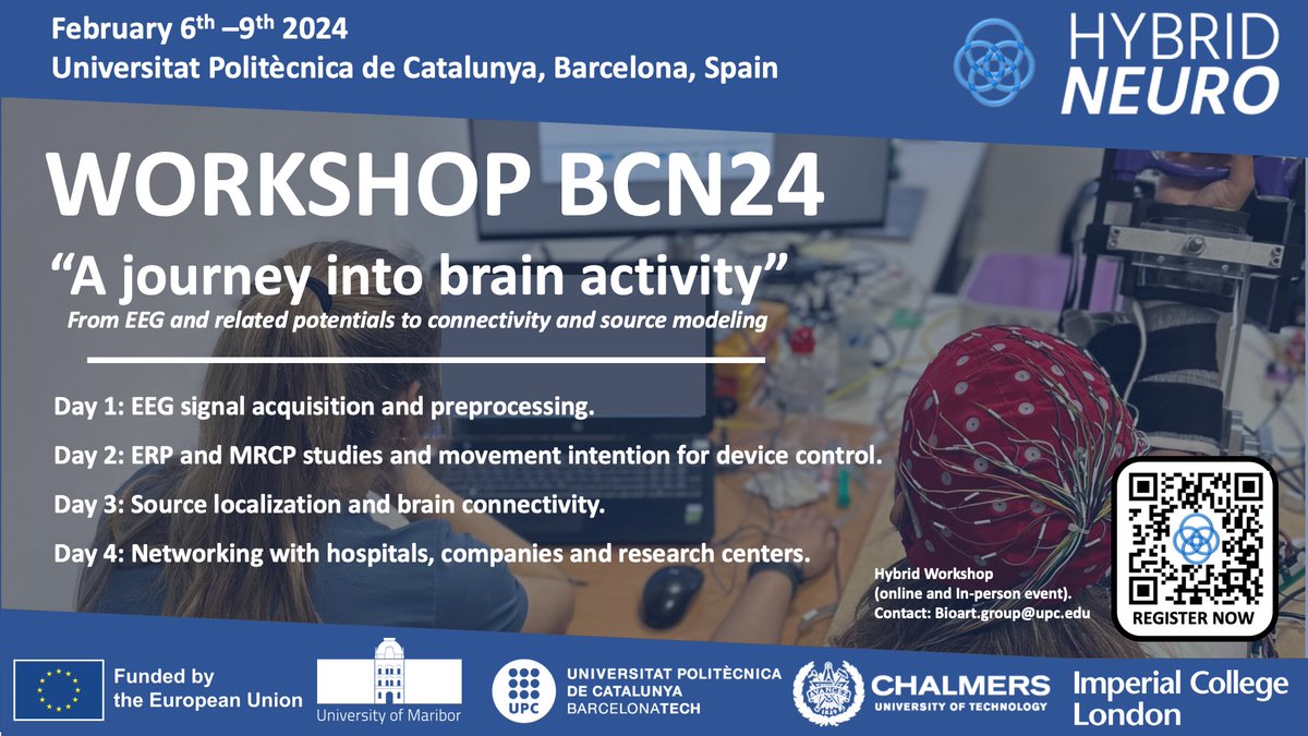 🧠 Exciting News! Join us for #WorkshopBCN24: "A Journey into Brain Activity" 🌐 Explore EEG signals, potentials, connectivity, and source modeling in beautiful Barcelona, Feb 6-9, 2024. 📅 Don't miss this FREE opportunity to dive into the fascinating world of brain science! 🤯🔬