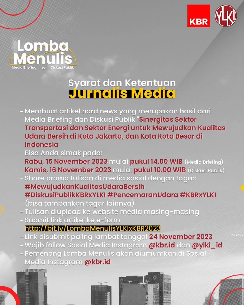 beritaKBR's tweet photo. Peduli dengan udara Jakarta dan kota besar lainnya di Indonesia?
Kami mengajak rekan-rekan media & blogger ikut serta dlm #DiskusiPublik KBR dan @YLKI_ID membahas ini.
Ada lomba menulisnya juga lho. Total hadiah Rp 15 Juta.
🥰❤️
#PencemaranUdara #LombaMenulis #LombaBlog https://t.co/8x4t1jaEEl