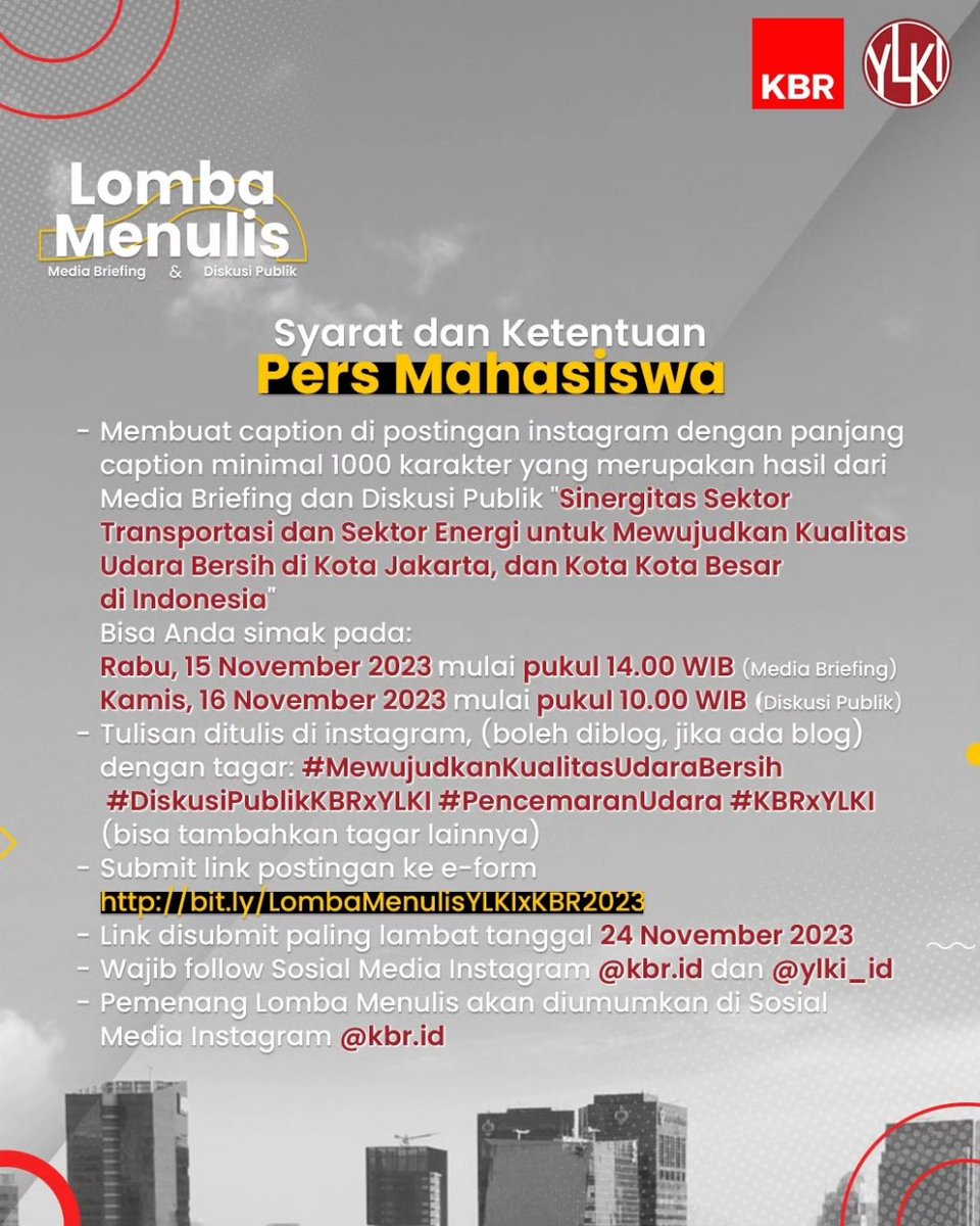 beritaKBR's tweet photo. Peduli dengan udara Jakarta dan kota besar lainnya di Indonesia?
Kami mengajak rekan-rekan media & blogger ikut serta dlm #DiskusiPublik KBR dan @YLKI_ID membahas ini.
Ada lomba menulisnya juga lho. Total hadiah Rp 15 Juta.
🥰❤️
#PencemaranUdara #LombaMenulis #LombaBlog https://t.co/8x4t1jaEEl