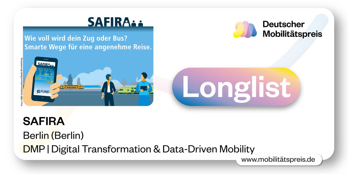 Für unser Projekt SAFIRA wird's spannend: Es steht auf der Longlist zum Deutschen Mobilitätspreis. Wir drücken die Daumen! ✊@DMP_innovativ @VBB_BerlinBB #mobility #publictransport