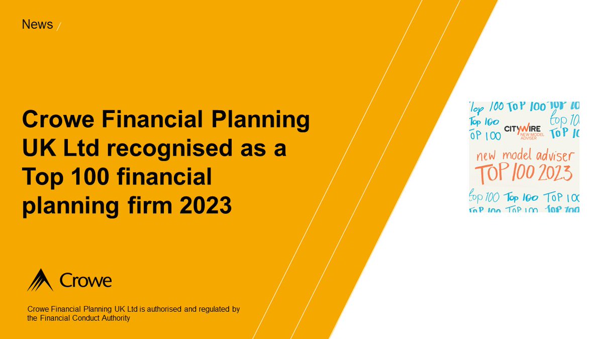 CroweUK's tweet photo. We are delighted to announce that Crowe Financial Planning UK Limited has been recognised by #Citywire’s New Model Adviser as a #Top100 financial planning firm in the UK for 2023.

Congratulations to our #FinancialPlanning team! 👏 🏆

Read more 👉https://t.co/quaUMBkNcX https://t.co/7XFd8aGR5h