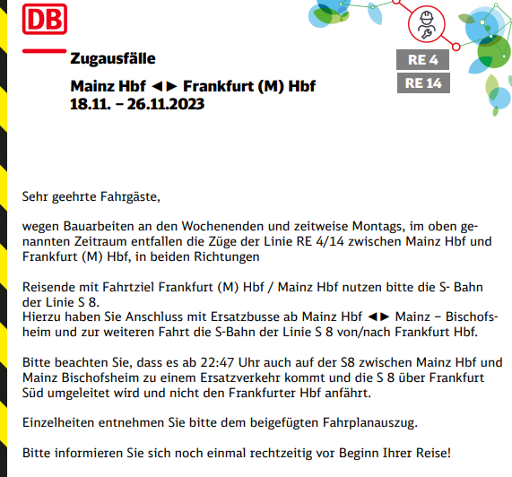 Regio_Mitte's tweet photo. ++Vorabinfo++
Am 18.11. - 26.11.2023
#Bauarbeiten zwischen #MainzHbf <-> #FrankfurtmainHbf
Mehr Infos hier:
https://t.co/5T8o03m8lR https://t.co/uLgyj6mHJC