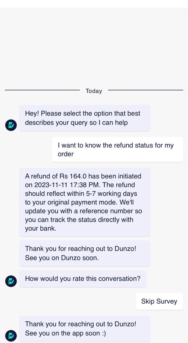 19Chilli's tweet image. Hello, my amount is yet to be refunded for the last 3 orders …. And it has been more than 5-7 days … Refund amount of 121, 164 and 141 yet to be received….. please look into it and do it as soon as possible…. Thank you
@DunzoIt @DunzoCare