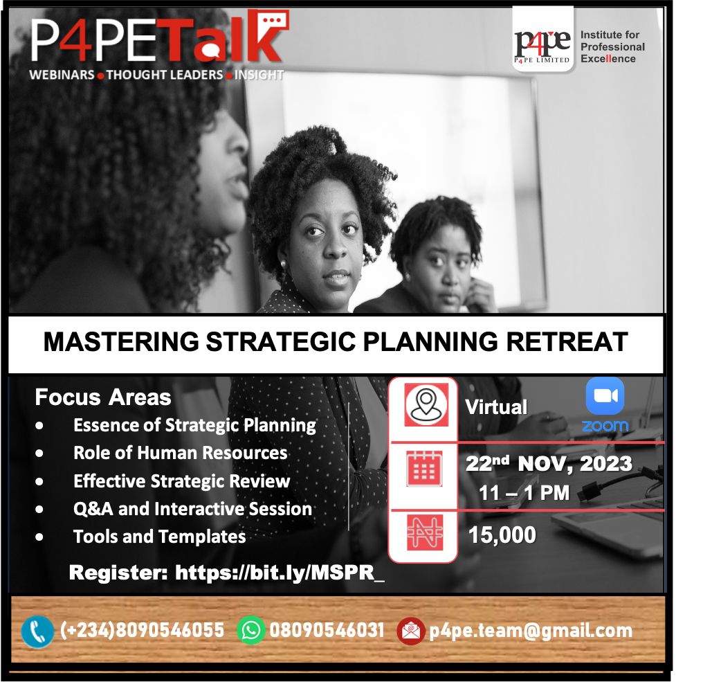 Mastering Strategic Planning Retreat
Welcome to the P4PETalk series! In this insightful webinar, we'll be delving into the art of mastering strategic planning and review sessions. #StrategicPlanning #LeadershipRetreat #MasteringStrategy #BusinessRetreat
#StrategicRetreat