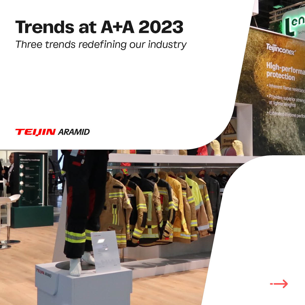 TeijinAramid's tweet image. 𝗪𝗵𝗮𝘁&apos;𝘀 𝘀𝗵𝗮𝗽𝗶𝗻𝗴 𝘁𝗵𝗲 𝗳𝘂𝘁𝘂𝗿𝗲 𝗼𝗳 𝗽𝗿𝗼𝘁𝗲𝗰𝘁𝗶𝘃𝗲 𝘄𝗲𝗮𝗿?

Our team visited A+A and noticed lots of new trends in the evolving landscape of protective wear.

Here are our top three. What did you notice?

#teijinaramid #aplusa #aplusa2023 #protectivewear