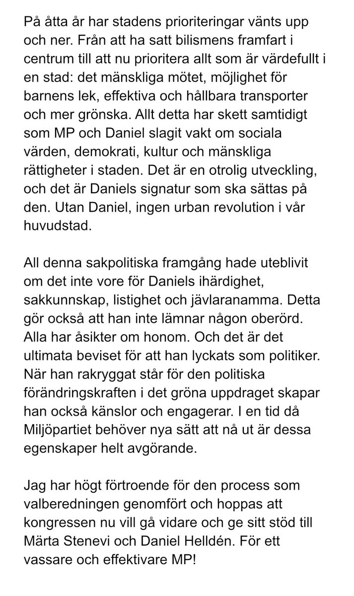 På Instagram har jag skrivit några rader inför MP:s kongress och det språkrörsval vi står inför. Jag stöttar helhjärtat valberedningens förslag! Här är varför jag tycker att @DanielHellden är en utmärkt kandidat: