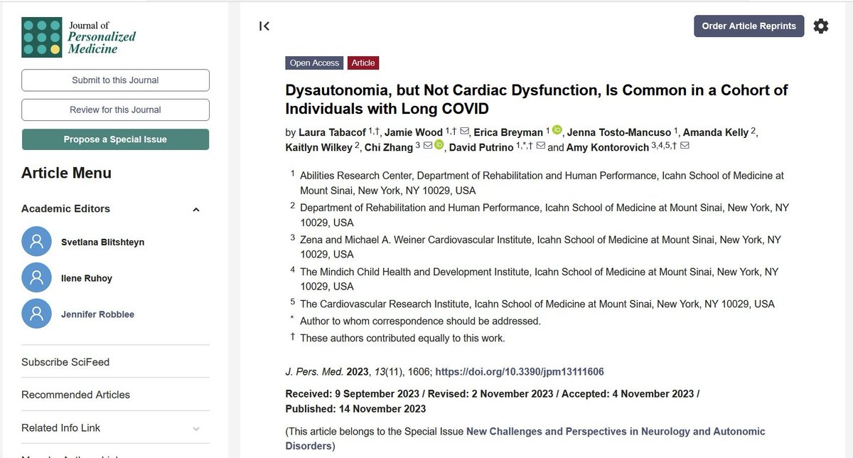 Excited to have this paper on #Dysautonomia and #LongCovid published in our special issue on #Neurology  and autonomic disorders in <a href="/JPM_MDPI/">JPM_MDPI</a> from <a href="/MountSinaiNYC/">Mount Sinai Health System</a> group, including <a href="/PutrinoLab/">Putrino Lab</a> <a href="/GeneticHeartDoc/">Amy R. Kontorovich, MD, PhD</a> and other co-authors. 

There is still time to submit your papers to