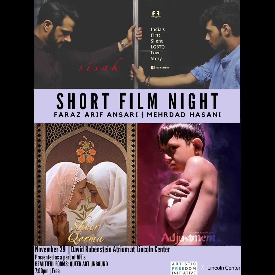 #PridePartner Join @artistic_AFI & groundbreaking filmmakers, Faraz Arif Ansari & Mehrdad Hasani, on Wed, Nov 29 at 7pm for the final event in AFI’s arts festival lineup! To learn more about BEAUTIFUL FORMS: QUEER ART UNBOUND & reserve your ticket, visit: lincolncenter.org/series/lincoln…