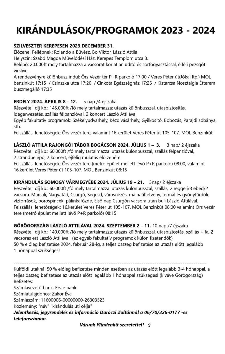 laszloattila96's tweet photo. Kedves Barátaim! 
Szilveszterkor is várok mindenkit szeretettel Kerepesen, illetve a jövő évben lesz pár buszos utazás amin én is részt veszek és lesznek koncertjeim. 
Ha valaki jelentkezni szeretne vagy csak érdeklődni akkor a lenti elérhetőségen meg tudja tenni. 

Szép estétek! https://t.co/pqWggH4mpM