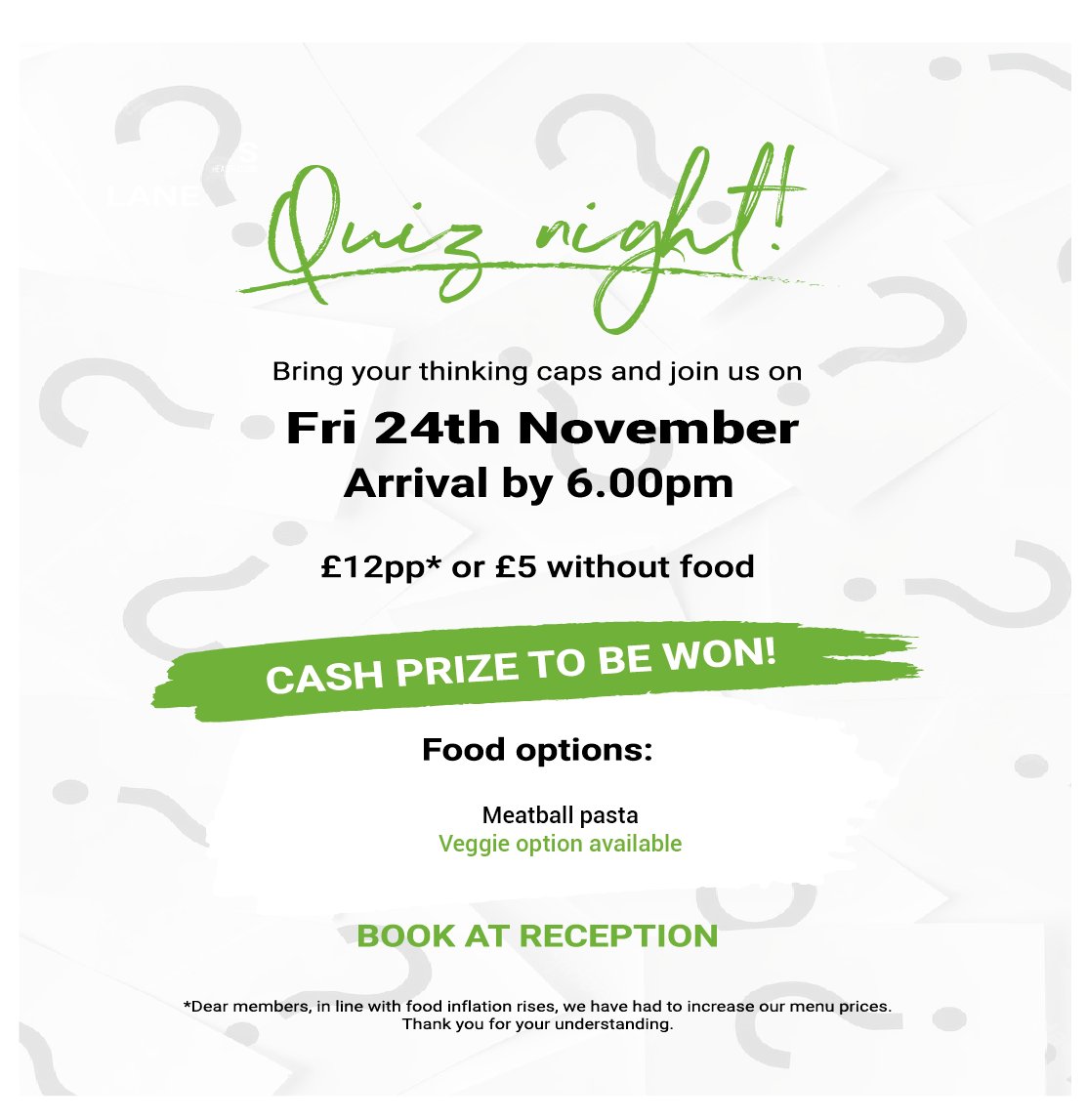 🤔 Quiz Night on 24th November! 💪

🎟️ Have you booked your place yet?? Please contact Reception📱

#quiznight #bookyourplace #quiz #book #rustington #eastpreston #angmering #littlehampton #gymlife #funwithfriends

laneshealthclubs.co.uk/cafe-events/