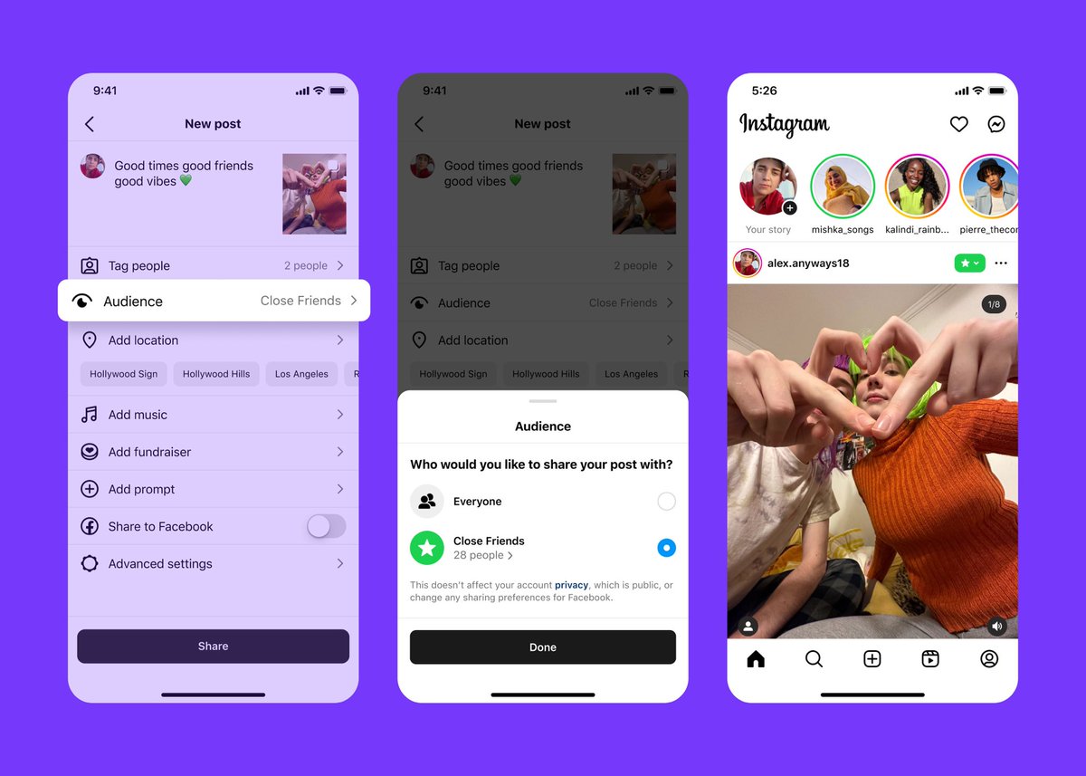 PopBase's tweet photo. Instagram introduces the ability to share feed posts and reels with your Close Friends only. 

When sharing a post or reel, you can click on audience and select ‘Close Friends.’ https://t.co/6DlBSiI7I7