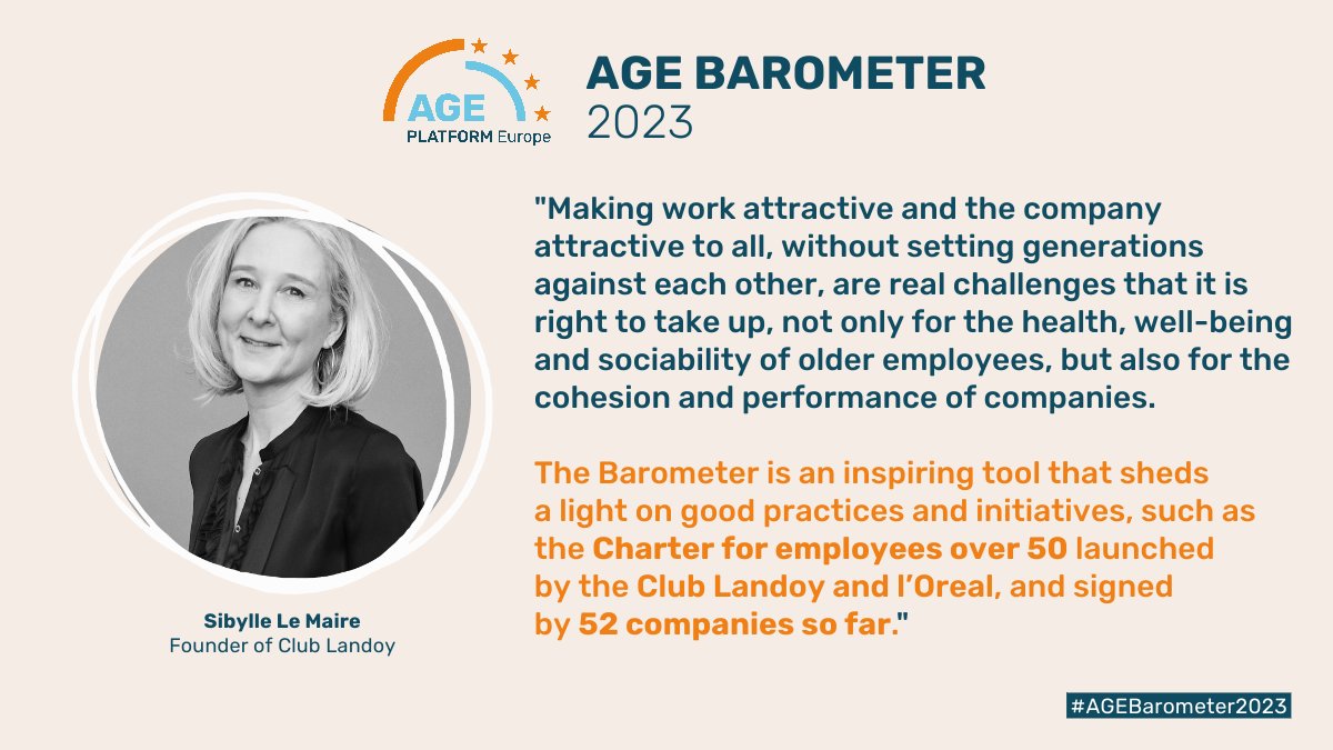 AGE_PlatformEU's tweet photo. Discover #AGEBarometer2023!
@ClubLandoy, a ๐ซ๐ท think tank, and lโOreal created Charter for employees over 50, signed by 52 companies so far.
Sibylle Le Maire, Founder, emphasizes the urgent need for employment policies to adopt a life course approach.
๐ฅ https://t.co/SWhlCOQt23 https://t.co/AwrvCe9arI