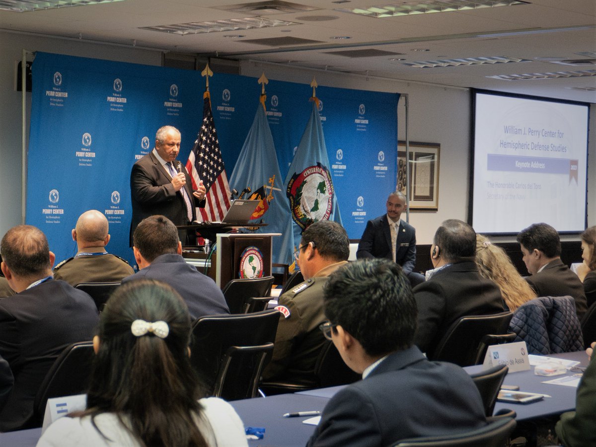 Great speaking to Western Hemisphere defense officials & diplomats at @WJPerryCenter’s 2023 Washington Security & Defense Seminar. We discussed reducing encroachment from illicit maritime activity, promoting stability & building resiliency in the face of an ever-changing climate.