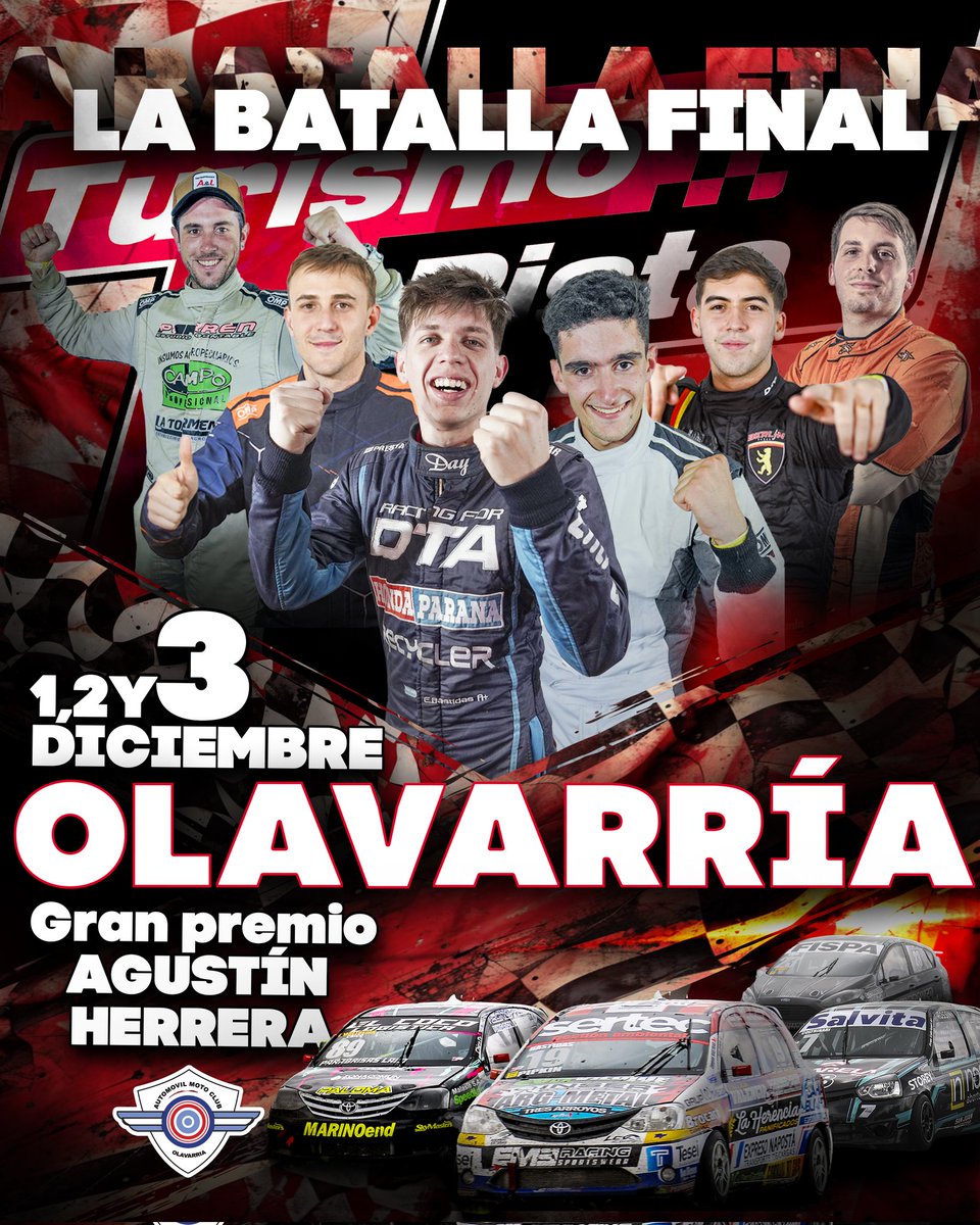 TurismoPista's tweet photo. ¡SE VIENE LA BATALLA FINAL! 
#TPenOlavarria

🏆 Gran Premio Agustín Herrera

🗓 01, 02 y 03 de Diciembre 
📍 Autódromo hnos Emiliozzi

#TurismoPista https://t.co/duesWKnJ1i