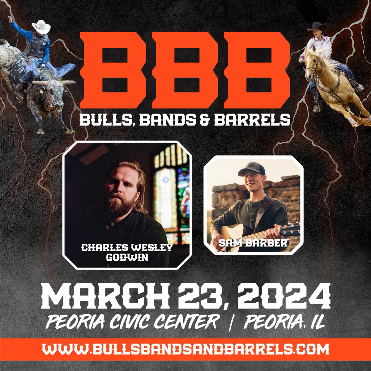 CharlesWesleyG's tweet photo. Peoria! We’re playing Bulls, Bands and Barrels next March with Sam Barber. Presale begins this Thursday at 10am local and general on sale is Friday at 10am local. To get your presale code text "CWG BBB" to 28794 and join our True Grit VIP. Let's go! https://t.co/YErZNNjdr6