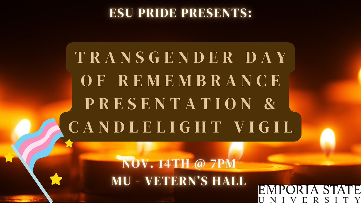 ESUPRIDE1's tweet photo. Join us tonight for our last education meeting of the semester! PRIDE will be presenting on Transgender Day of Remembrance and following will be a candlelight vigil. Meet us in the Veterans Hall at 7pm. All are welcome to attend! https://t.co/HGSWV7qUKZ