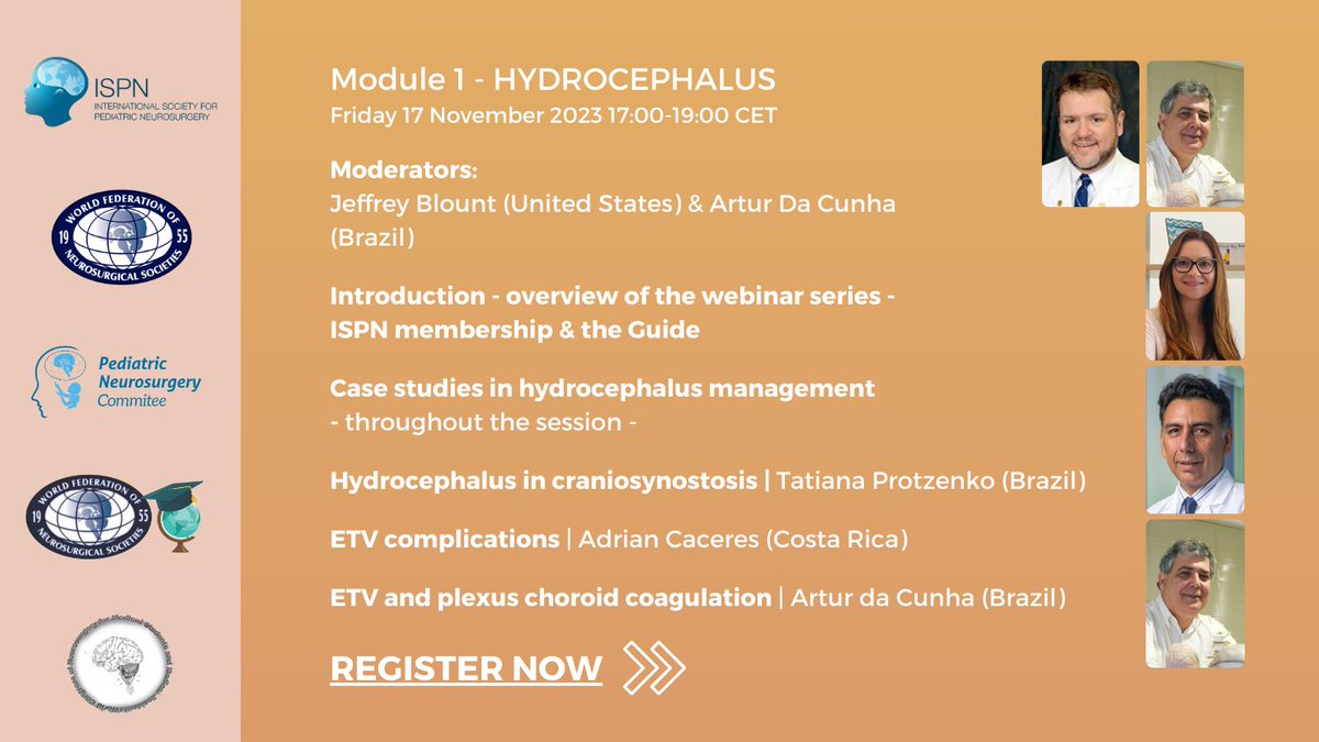 Launching #ISPN Young doctors education course *series 2* in collaboration with <a href="/WFNSHQ/">WFNS</a> 

Sign up now for module 1: Hydrocephalus🧠
🗓️Fri 17 Nov 17:00CET
➡️Find out more &amp; register: bit.ly/42PR30C

#PediatricNeurosurgery #PedNSGY #YoungISPN #education #hydrocephalus