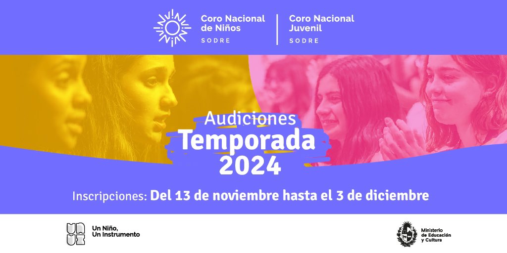 El Coro Nacional de Niños y Juvenil del Sodre llama a audiciones para nuevos integrantes 2024. Hay tiempo para inscribirse hasta el domingo 3 de diciembre.
Debes tener entre 6 y 21 años.

Formulario : bitly.ws/PN8a

#SomosSodre #CoroSodreNinos #CoroJuvenilSodre