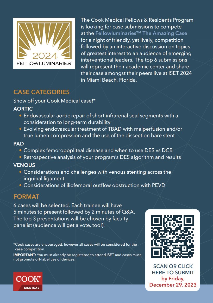 Cook Vascular (@cookvascular) on Twitter photo Are you a trainee attending #ISET2024? Join the show & submit a case abstract for Fellowluminaries The Amazing Case. Submission deadline is December 29th. For more details, go to: forms.office.com/r/sFi3sjah5K
<a href="/ISETNews/">ISET</a>, <a href="/drvarshana/">Varshana Gurusamy</a>, <a href="/schiro_md/">Brian J. Schiro, MD</a>, <a href="/docTPlive/">Tino Peña</a>, <a href="/angiowoman/">Janice Newsome MD FSIR</a> Are you a trainee attending #ISET2024? Join the show & submit a case abstract for Fellowluminaries The Amazing Case. Submission deadline is December 29th. For more details, go to: forms.office.com/r/sFi3sjah5K
<a href="/ISETNews/">ISET</a>, <a href="/drvarshana/">Varshana Gurusamy</a>, <a href="/schiro_md/">Brian J. Schiro, MD</a>, <a href="/docTPlive/">Tino Peña</a>, <a href="/angiowoman/">Janice Newsome MD FSIR</a>